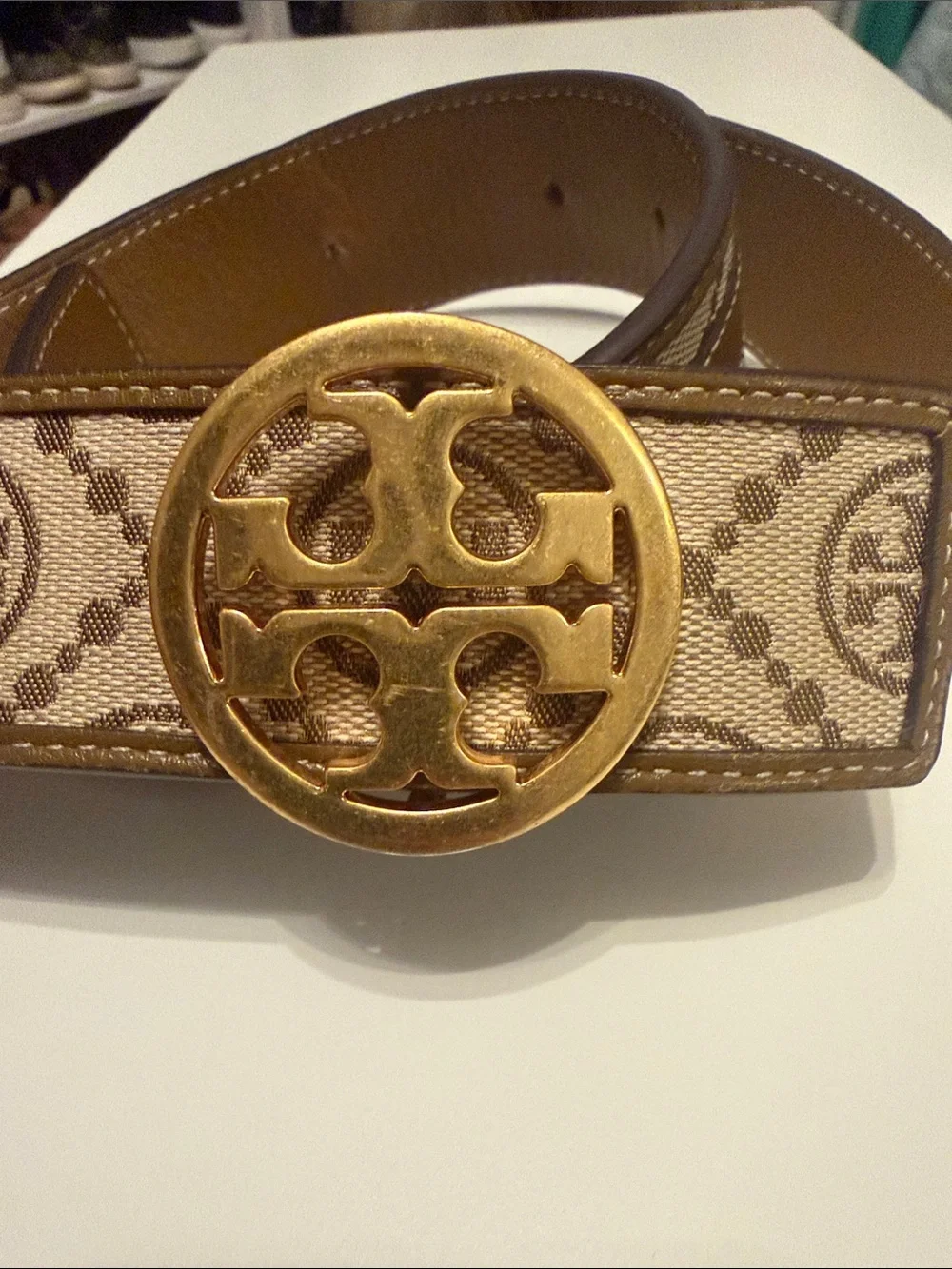 Tory Burch Reversible Logo Monogram Belt with Gold Logo